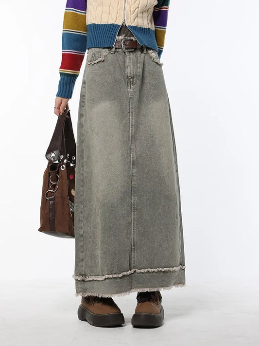 2023 New Fashion Retro Long Skirts Autumn Winter Denim Skirts Streetwear Girls High Waist Button Loose Pockets Straight Maxi