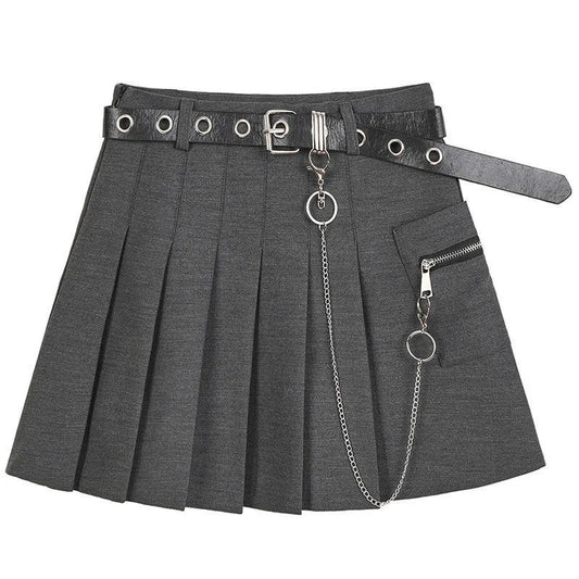 2023 Punk Summer Gothic Skirts for Women Streetwear Casual Zipper High Waist Black Skirt Y2k Sexy Mini Pleated Skirt Belt Chain