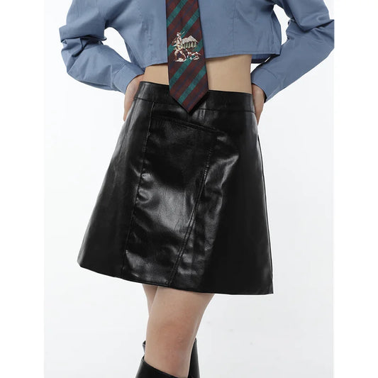 2023 Spring Vintage Black Women Leather Skirt High Waist American Style College Style Straight Skirt Ladies A-line Leather Skirt